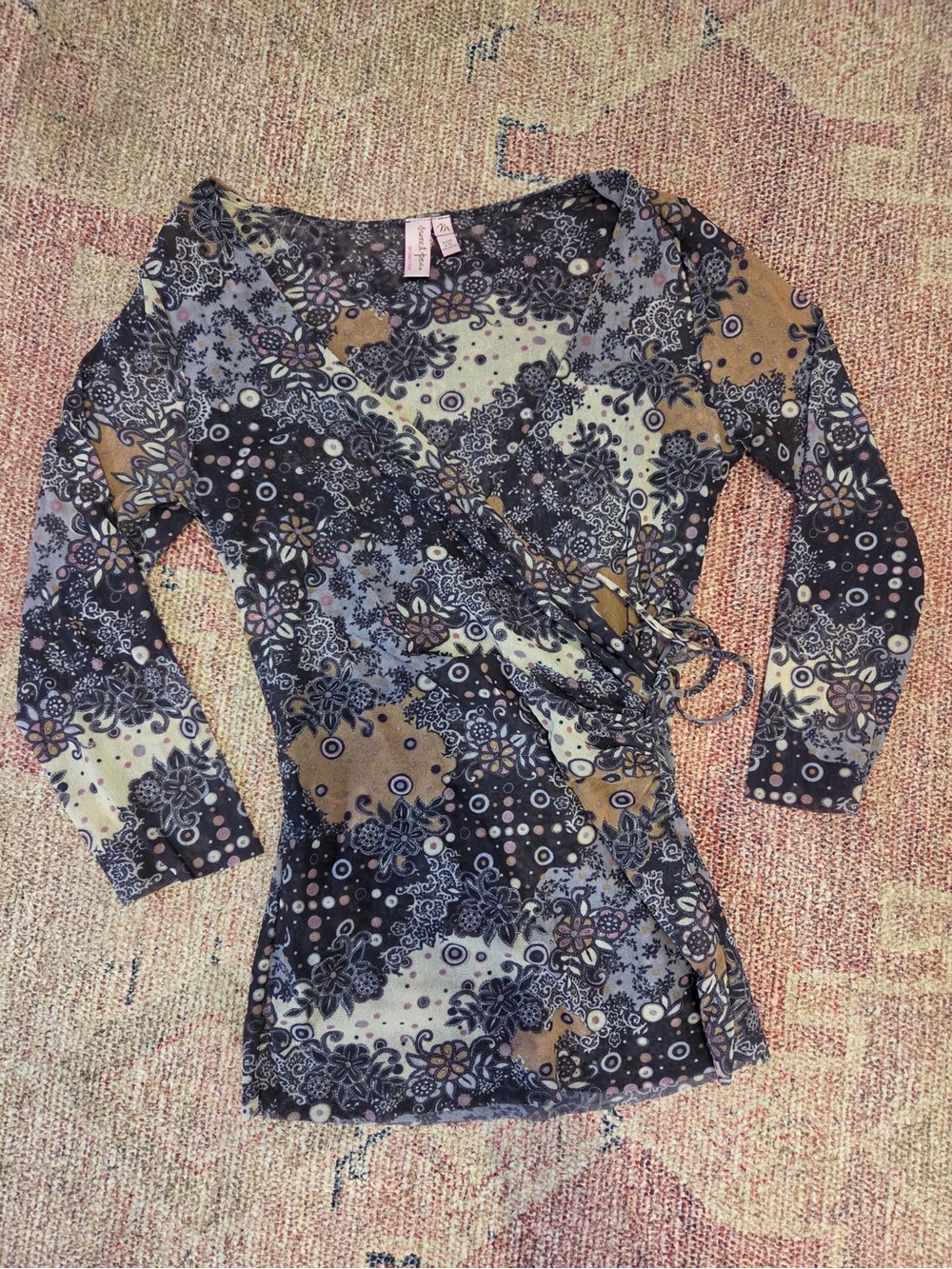 Sweet pea Y2K vintage paisley boho print faux wrap v neck 3/4 sleeve top sz med